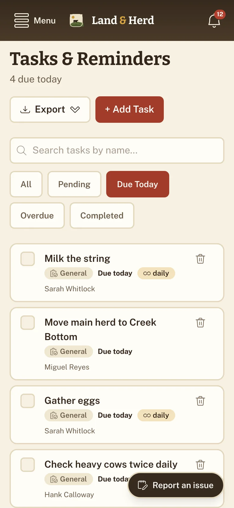 The Tasks & Reminders list in a phone browser, with chores and due dates.